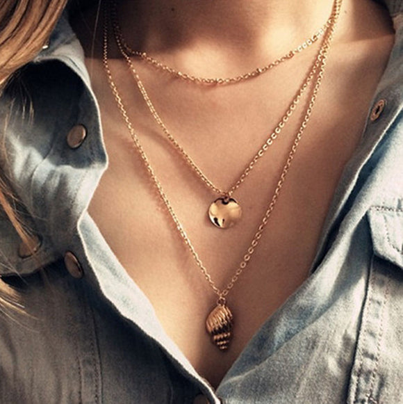 Necklace Gold Color 3 Layers Round Metal&Conch Pendant Choker