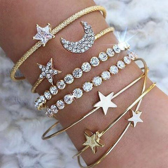Gold Sliver Star Moon Heart Open Cuff Bracelets