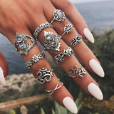 Bohemian retro elephant flower leaves cross exaggerated gem silver ring