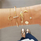 Fashion Punk Gold Chain Moon Leaf Crystal Geometry Open Bracelet