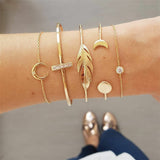 Fashion Punk Gold Chain Moon Leaf Crystal Geometry Open Bracelet