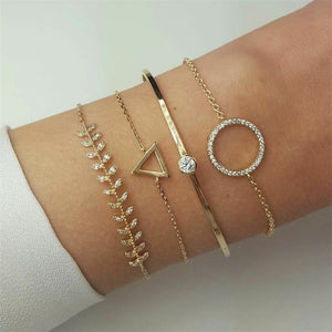 Women's Fashion Crystal Triangle Circle Leaf Chain Gold Bracelet
