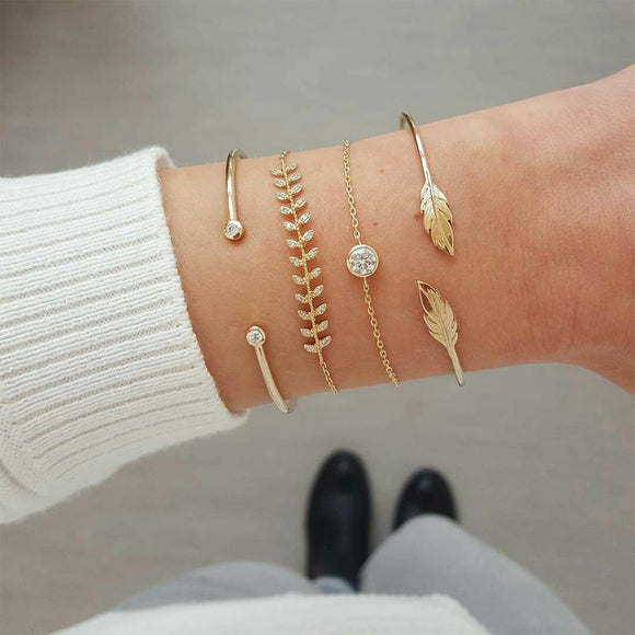 Women's Fashion Crystal Leaves Geometric Chain Gold Bracelet