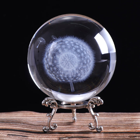 60mm/80mm Crystal Miniature Dandelion Ball 3D Laser Engraved Glass Craft Sphere Home Decoration Ornament Birthday Gift Feng Shui