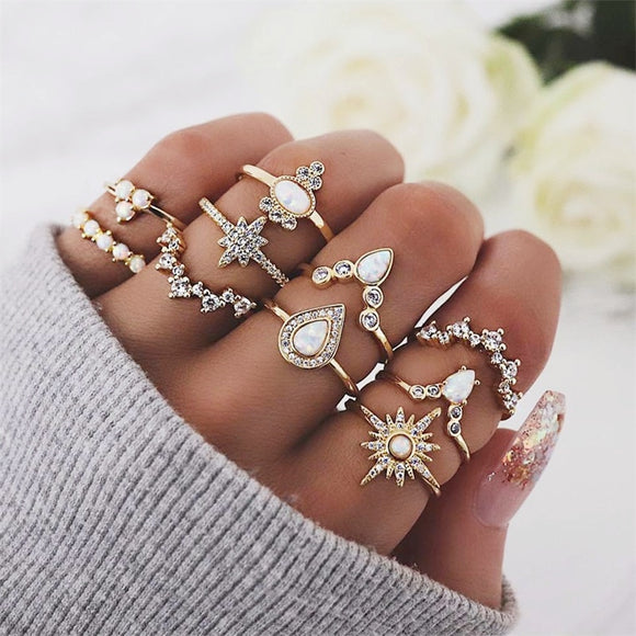 Women Crystal Geometry Star Crown Gem Finger Ring