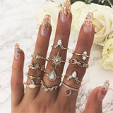 Bohemian Vintage Crown Water Drops Stars Geometric Crystal Ring