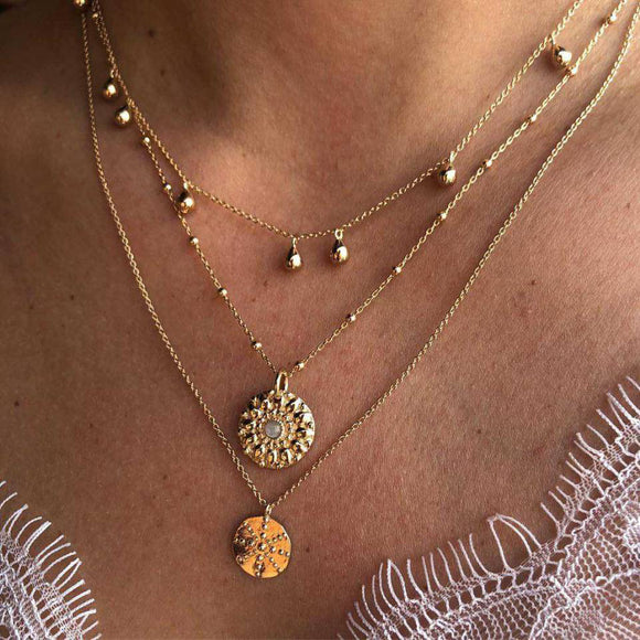 3 Layers Geometry Pattern Crystal Pendant Necklaces Gold